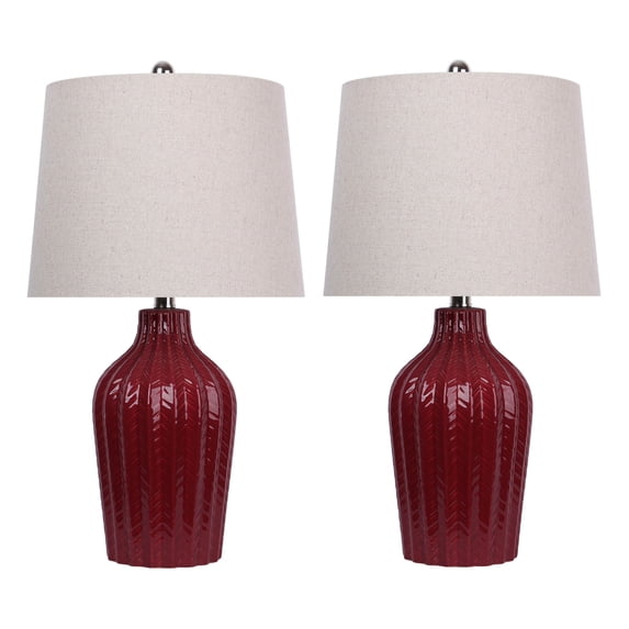 23.5" Brick Red Ceramic Table Lamp w/ Vase-Inspired Base & Linen Shade (Set of 2)