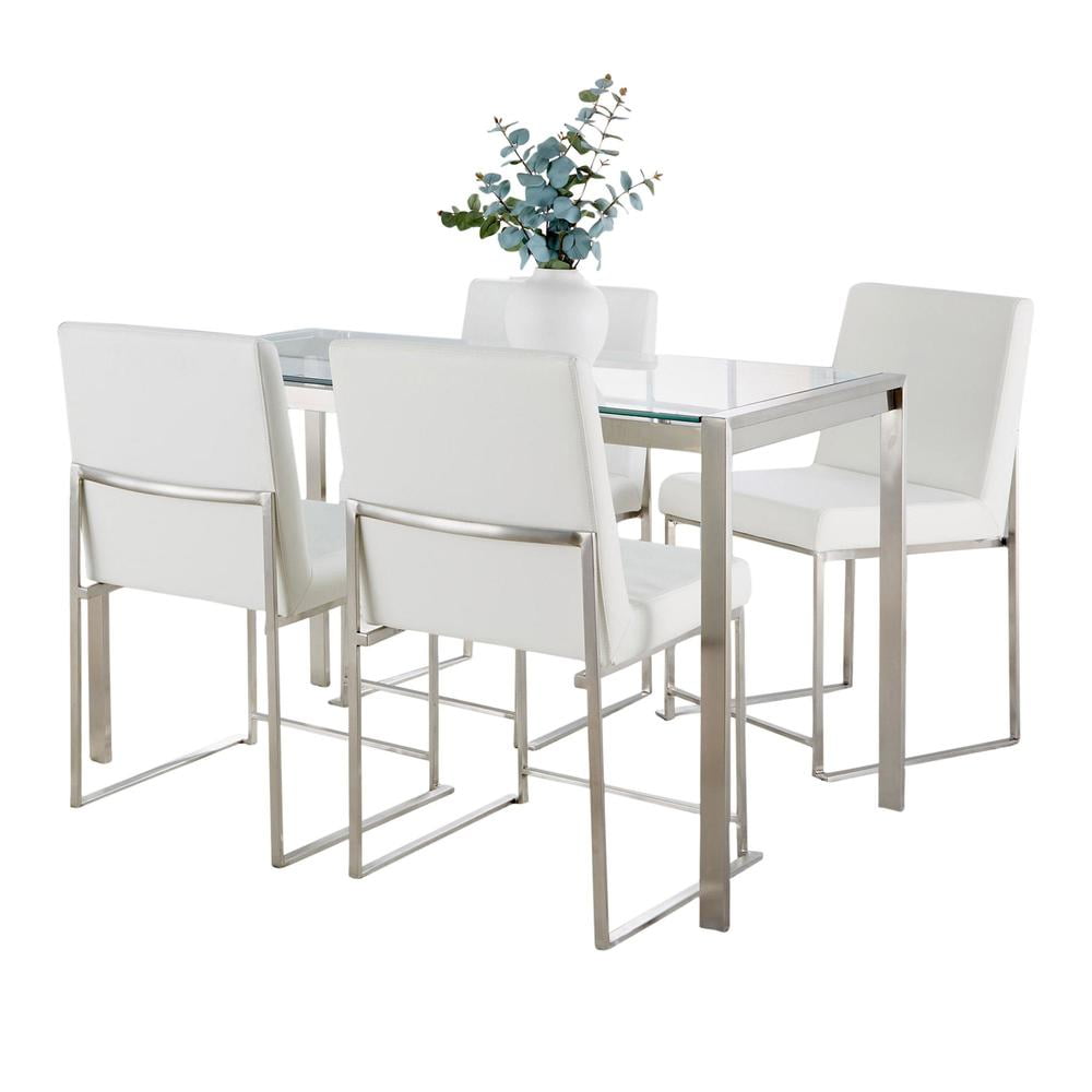 Silver and Clear Glass Top Dining Set with White Faux Leather Chairs