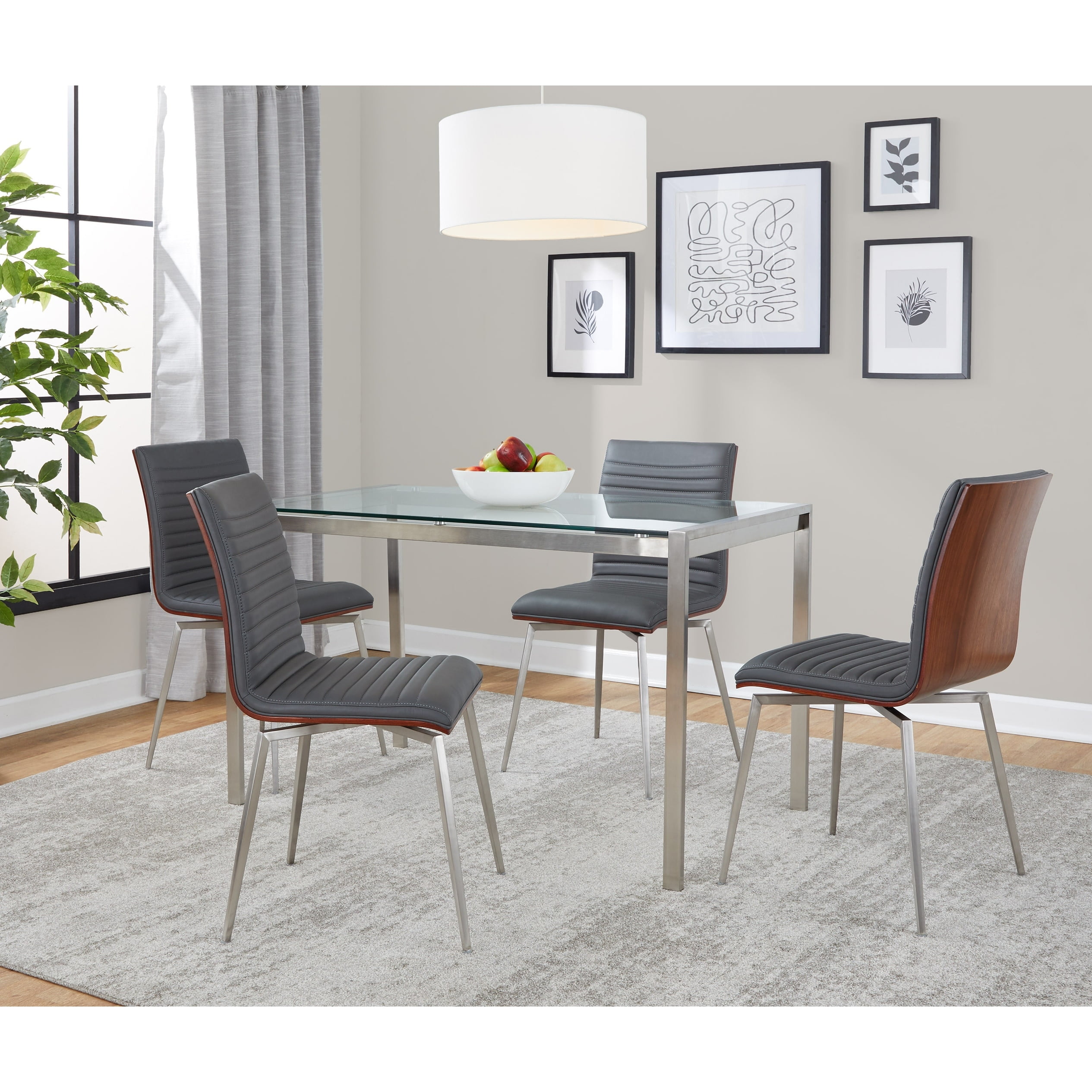 Silver and Clear Glass Top Dining Set with Gray Faux Leather Chairs