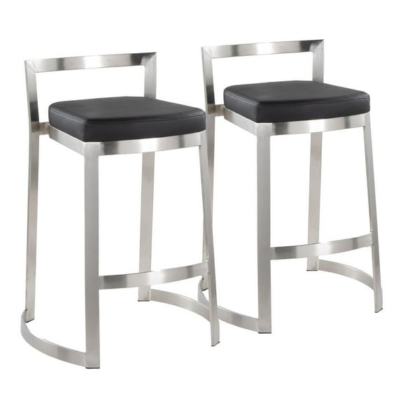 LumiSource Stainless Steel, Black PU Fuji DLX Counter Stool - Set of 2
