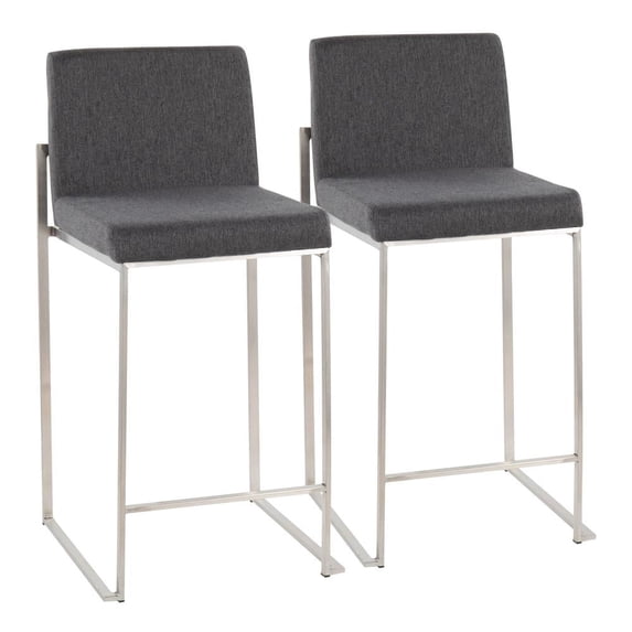 LumiSource Stainless Steel, Charcoal Fabric Fuji High Back Counter Stool - Set of 2