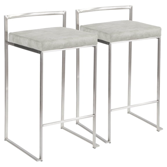Fuji Contemporary Stackable Counter Stool In Stainless Steel With Light Grey Cowboy Fabric Cushion - Set Of 2