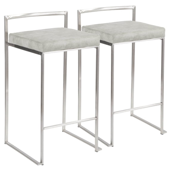 Fuji Contemporary Stackable Counter Stool In Stainless Steel With Light Grey Cowboy Fabric Cushion - Set Of 2