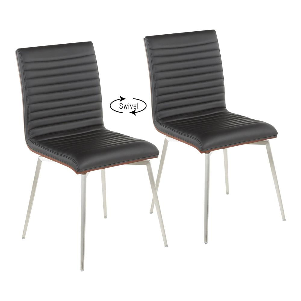 Mason Black Faux Leather Swivel Dining Chairs with Walnut Wood Back