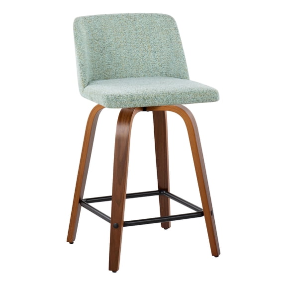 Carson Carrington Vallberga 24" Counter Stool with Walnut Wood Base (Set of 2) Light Green Fabric/Square Black Footrest Black Finish, Walnut Finish