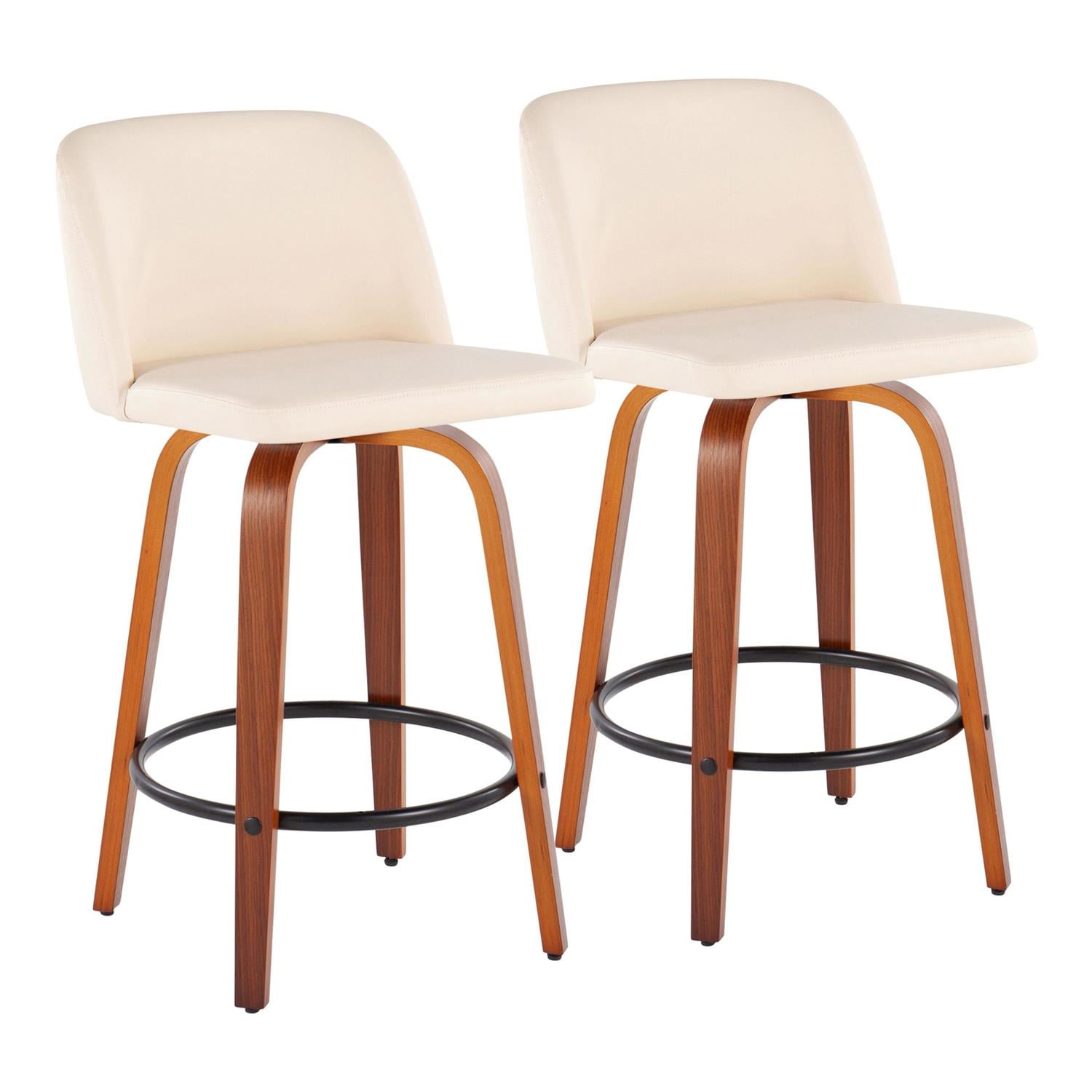 Cream Faux Leather Swivel Counter Stools with Walnut Wood and Black Metal Footrest, Set of 2