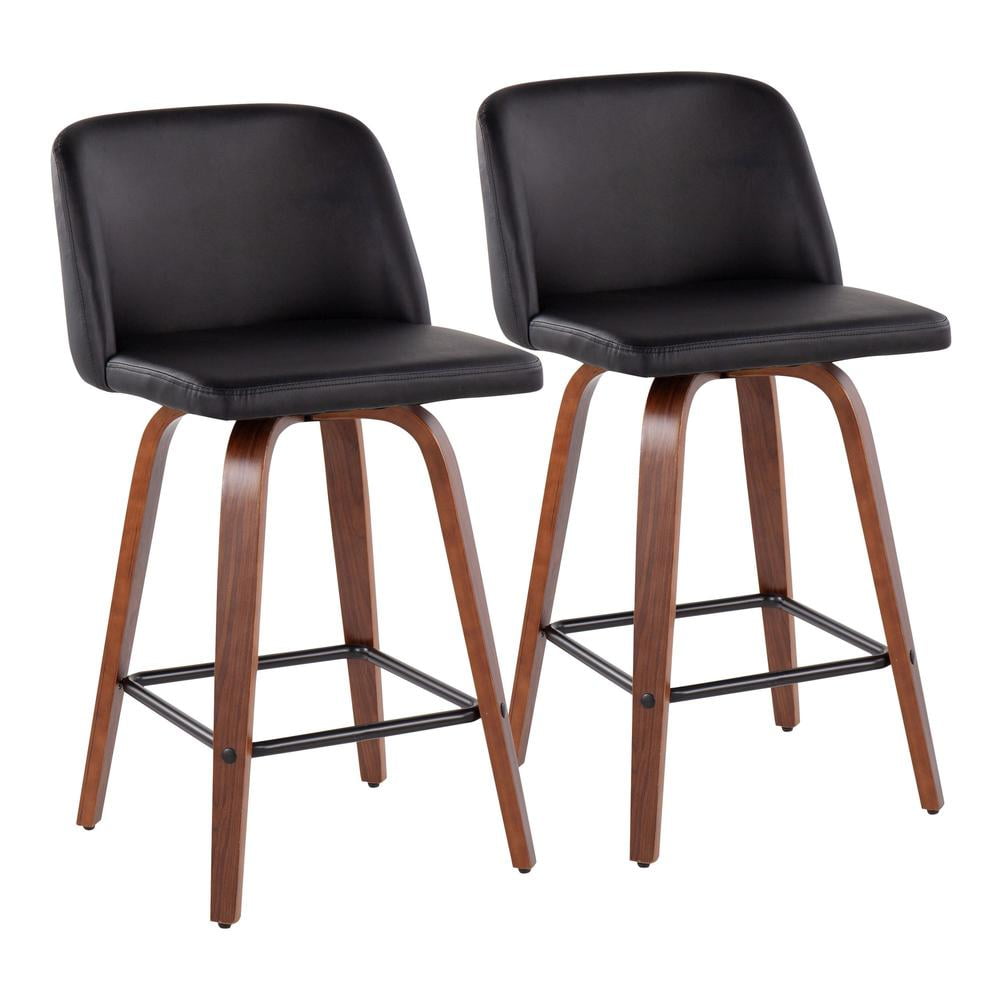 Toriano Swivel Counter Stool in Black Faux Leather with Wood Base
