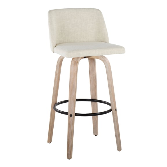 The Gray Barn Vallberga 30" Fixed-Height Bar Stool with White Washed Wood Base (Set of 2) Cream Fabric/Black Round Footrest Washed,Black Finish
