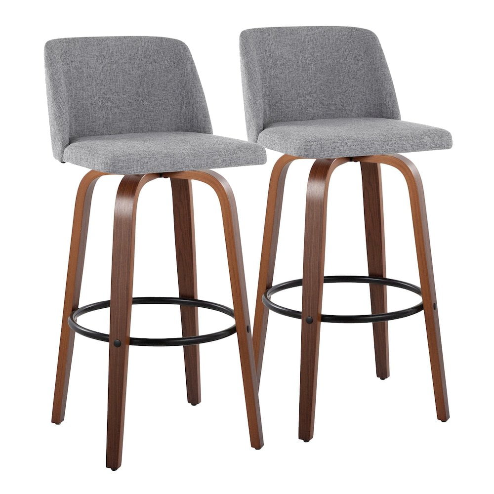 Gray and Walnut Wood Swivel Barstools with Metal Footrest, Set of 2