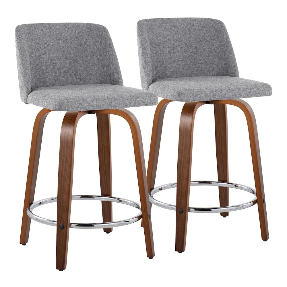 Walnut Wood and Gray Fabric Swivel Counter Stool with Chrome Base