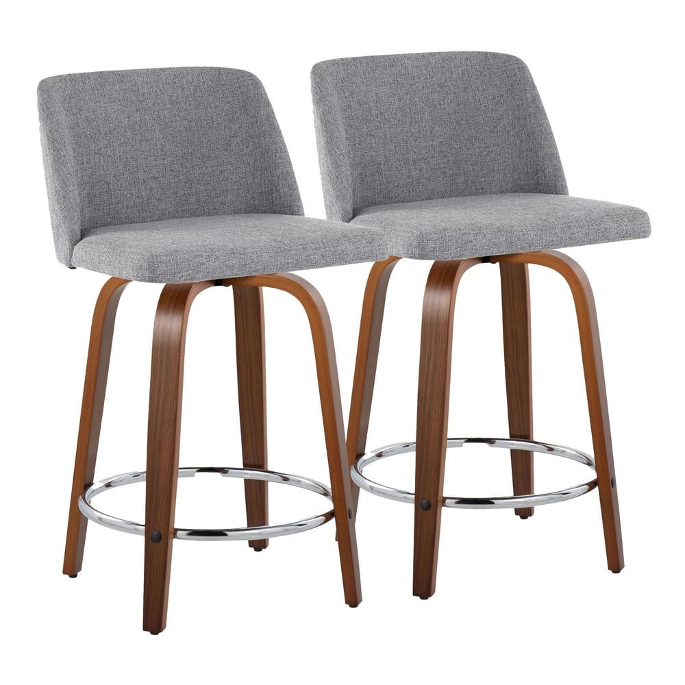 Walnut Wood and Gray Fabric Swivel Counter Stool with Chrome Base