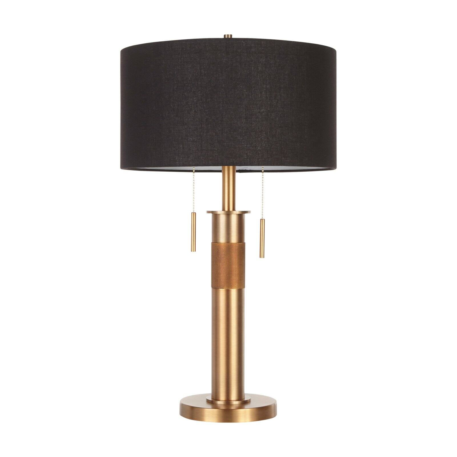 Trophy Industrial Antique Brass and Black Table Lamp with Linen Shade