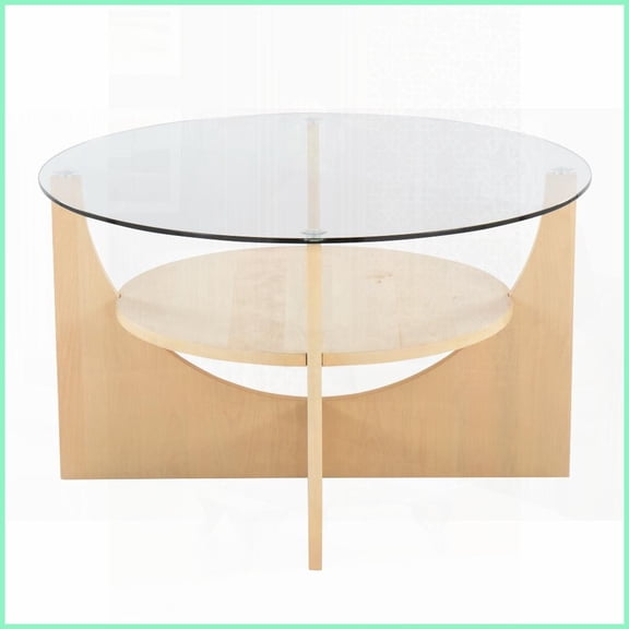 LumiSource U-Shaped Coffee Table: Natural Wood Base, Clear Tempered Glass Top with Space-Saving Shelf & Tool-Less Assembly
