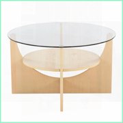 LumiSource U-Shaped Coffee Table Natural Wood Base, Clear Tempered Glass Top with Space-Saving Shelf & Tool-Less Assembly