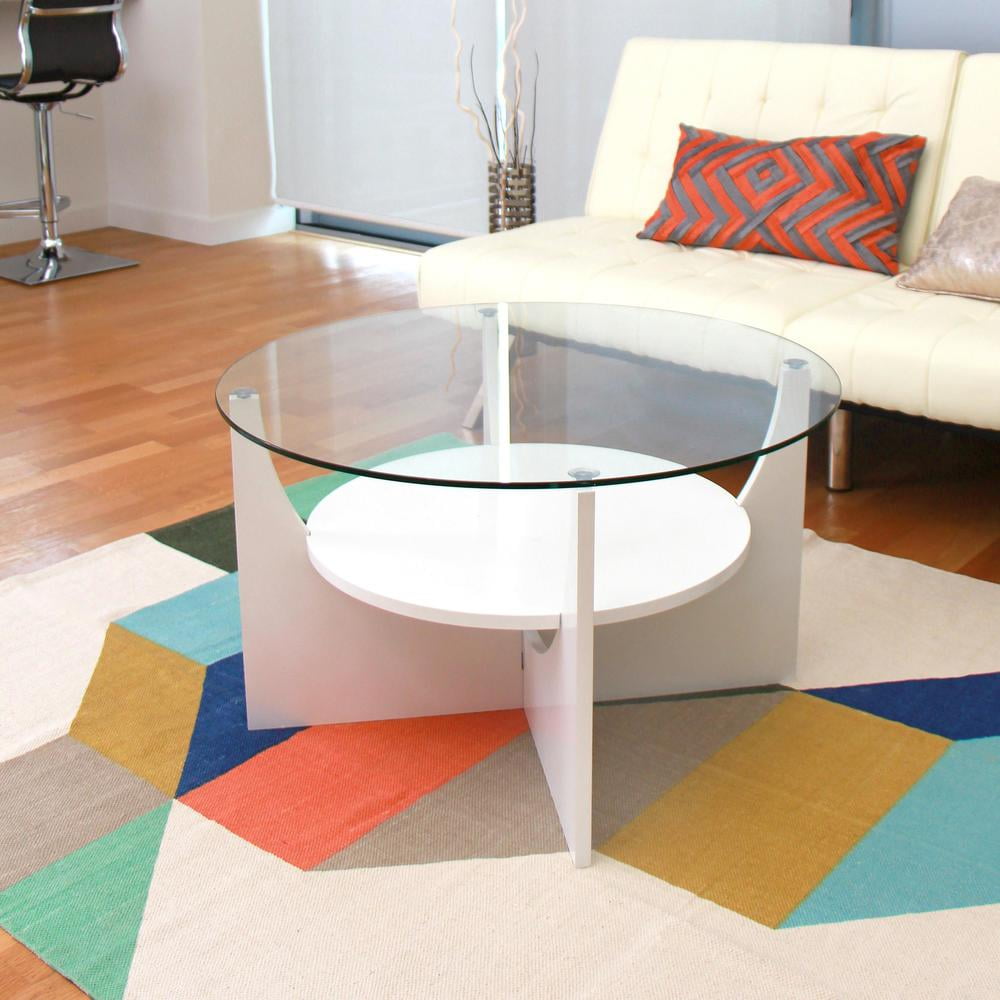 Modern U-Shaped White Coffee Table with Circular Glass Top