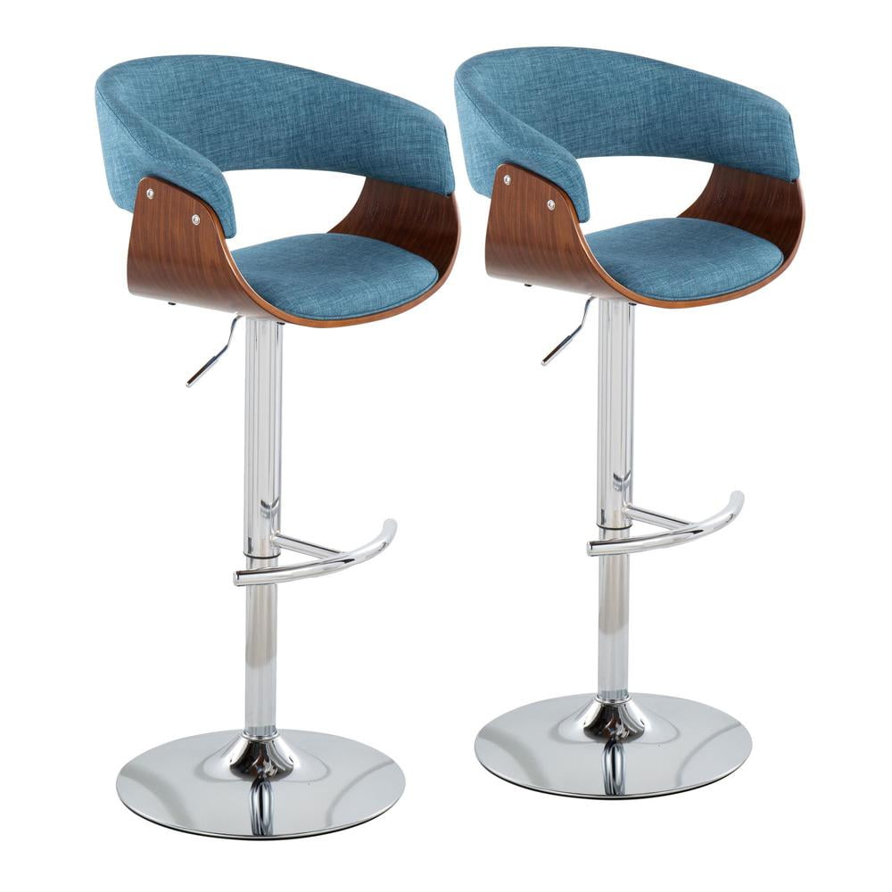 Set of 2 Blue Adjustable Swivel Bar Stools with Walnut Wood and Chrome Base