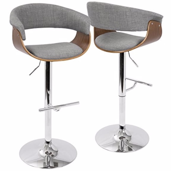 Vintage Mod Mid-Century Modern Adjustable Barstool with Swivel in Walnut and Light Grey Fabric by LumiSource