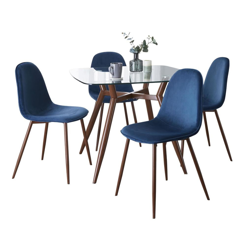 Mid-Century Modern Blue Velvet and Glass 5-Piece Dining Set