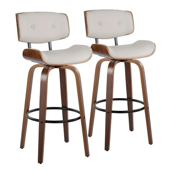 LumiSource Walnut Wood, Black Metal, Cream PU Lombardi 30" Fixed-Height Barstool - Set of 2