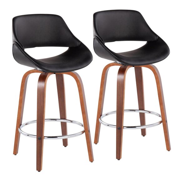 LumiSource Walnut Wood, Black PU, Chrome Fabrico Fixed-Height Counter Stool - Set of 2