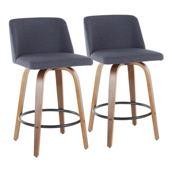 Toriano Mid-Century Modern Counter Stool in Walnut and Blue Fabric by LumiSource - Set of 2