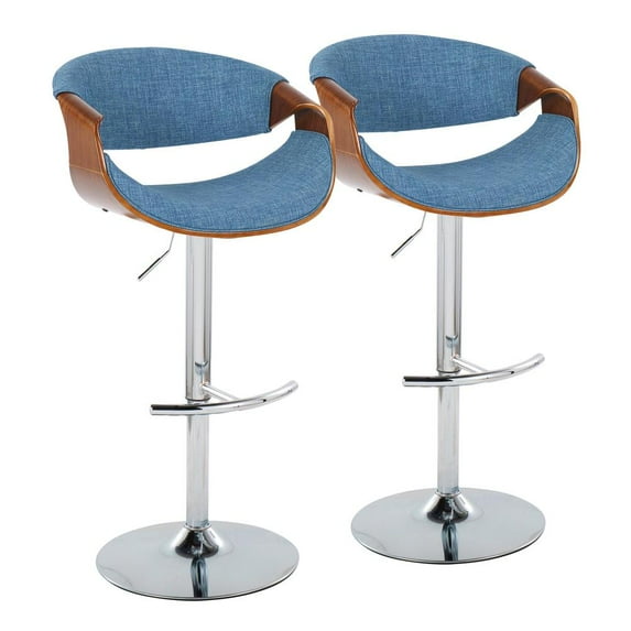 LumiSource Walnut Wood, Blue Fabric, Chrome Metal Curvo Adjustable Barstool - Set of 2
