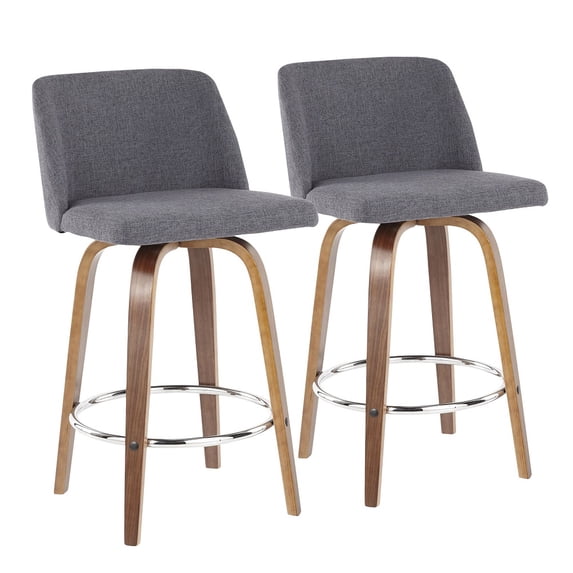 Set of 2 Gray Fabric with Wood Legs and Chrome Footrest Toriano Counter Barstools 35"