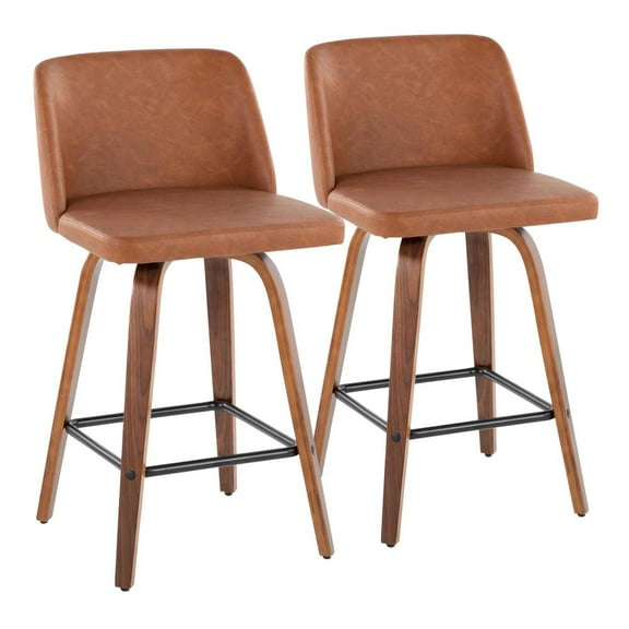 LumiSource Walnut Wood, Camel PU, Black Steel Toriano 26" Counter Stool - Set of 2