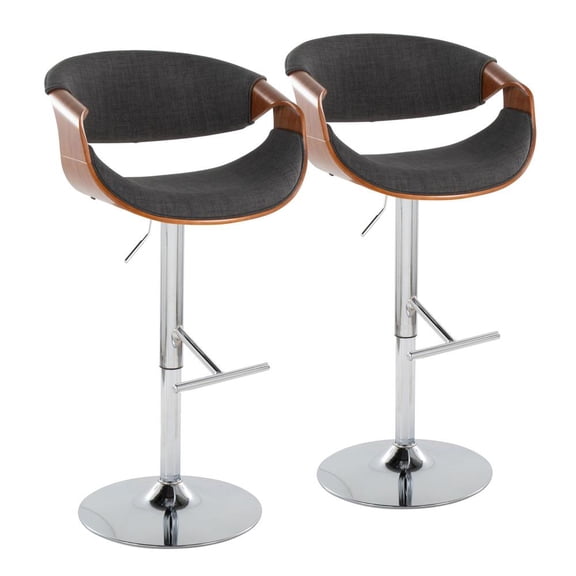 LumiSource Walnut Wood, Charcoal Fabric, Chrome Metal Curvo Adjustable Barstool - Set of 2