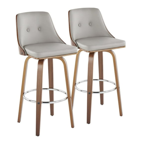 LumiSource Walnut Wood, Chrome Metal, Light Grey PU Gianna Fixed-Height Barstool - Set of 2