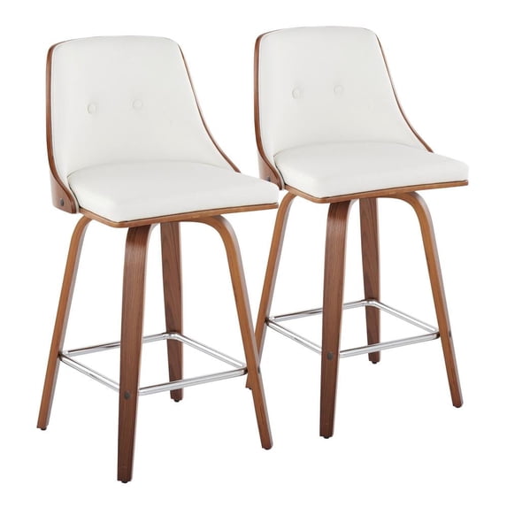 LumiSource Walnut Wood, Chrome Metal, White PU Gianna Fixed-Height Counter Stool - Set of 2