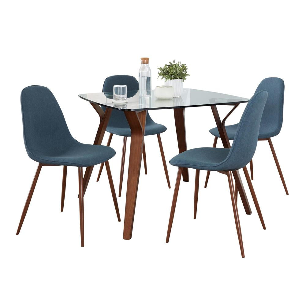 Mid-Century Modern Glass Top Dining Set with Blue Chairs
