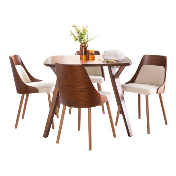 Folia-Anabelle Mid-Century Modern Square Dining Set in Walnut Wood and Cream Noise Fabric - 5 Piece