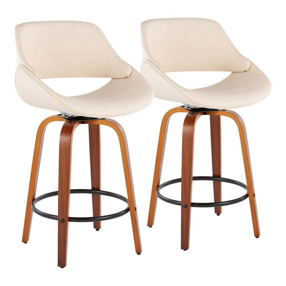LumiSource Walnut Wood, Cream PU, Black Steel Fabrico Fixed-Height Counter Stool - Set of 2