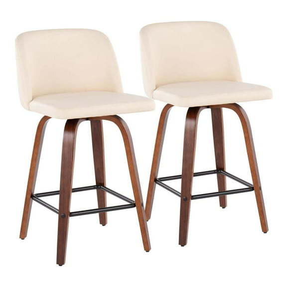 LumiSource Walnut Wood, Cream PU, Black Steel Toriano Fixed-Height Counter Stool - Set of 2