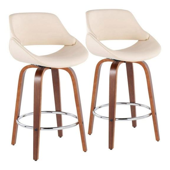 LumiSource Walnut Wood, Cream PU, Chrome Fabrico Fixed-Height Counter Stool - Set of 2