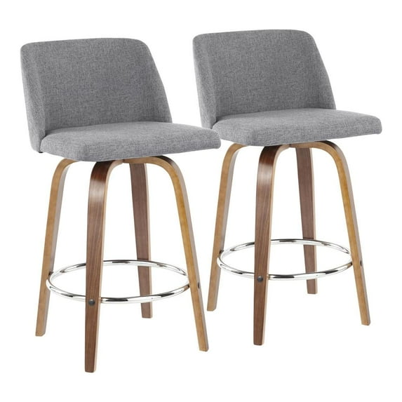 LumiSource Walnut Wood, Grey Fabric, Chrome Toriano Counter Stool - Set of 2