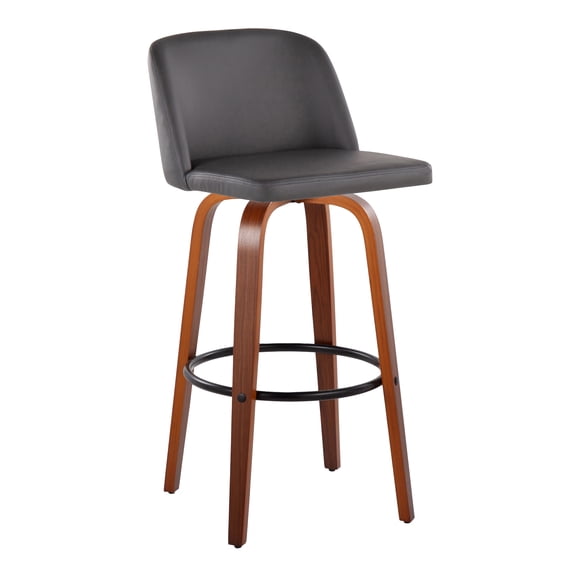 Carson Carrington Vallberga 30" Fixed-Height Bar Stool with Walnut Wood Base (Set of 2) Grey Faux Leather/Round Black Footrest Black Finish, Walnut