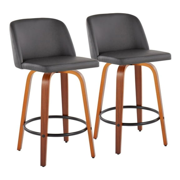 LumiSource Walnut Wood, Grey PU, Black Steel Toriano Fixed-Height Counter Stool - Set of 2