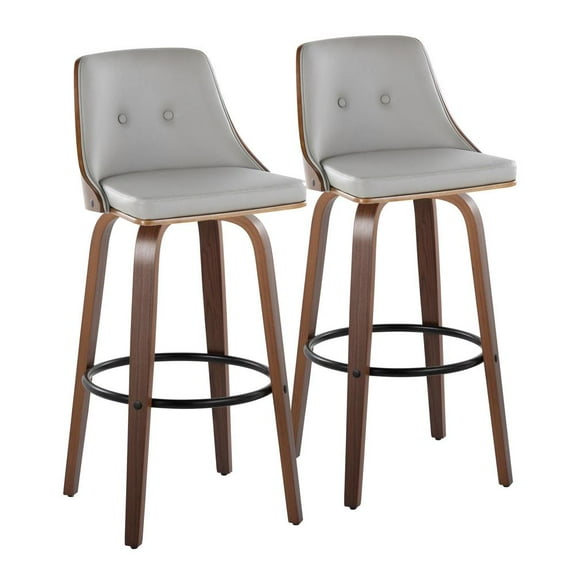LumiSource Walnut Wood, Light Grey PU, Black Metal Gianna Fixed-Height Barstool - Set of 2