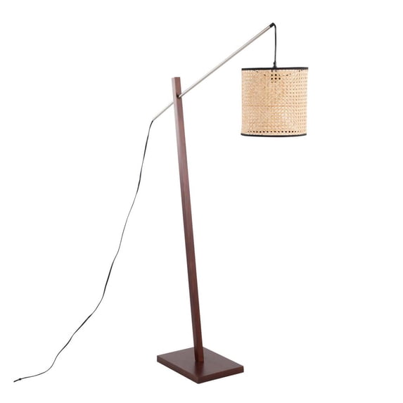 Lumisource Arturo Contemporary Floor Lamp in Walnut Wood and Satin Nickel with Rattan Shade