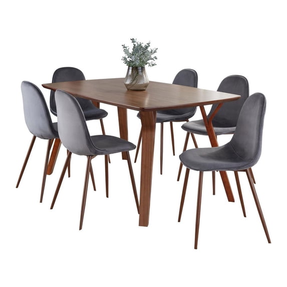 LumiSource Walnut Wood, Walnut Metal, Grey Velvet Folia Pebble Dining Set - 7 Piece