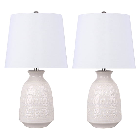 20" Off-White Ceramic Table Lamp w/ Patterned Base & White Linen Shade (Set of 2)