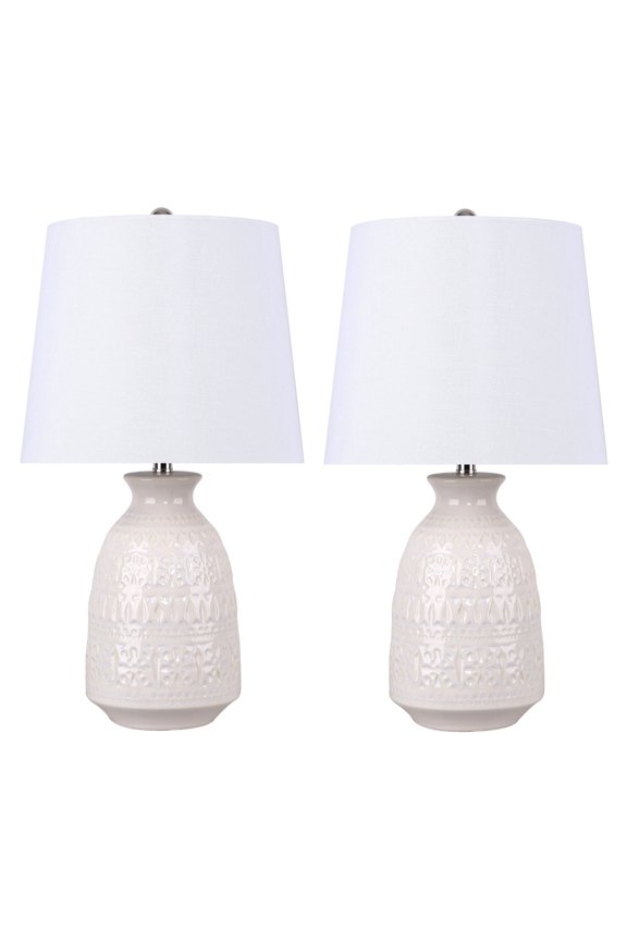 20" Off-White Ceramic Table Lamp w/ Patterned Base & White Linen Shade (Set of 2)
