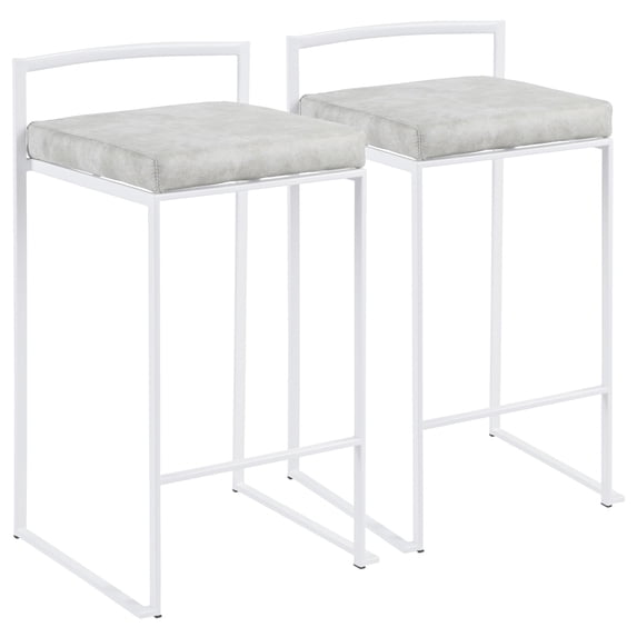 Fuji Contemporary Stackable Counter Stool In White With Light Grey Cowboy Fabric Cushion - Set Of 2