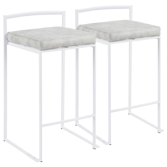 Fuji Contemporary Stackable Counter Stool In White With Light Grey Cowboy Fabric Cushion - Set Of 2