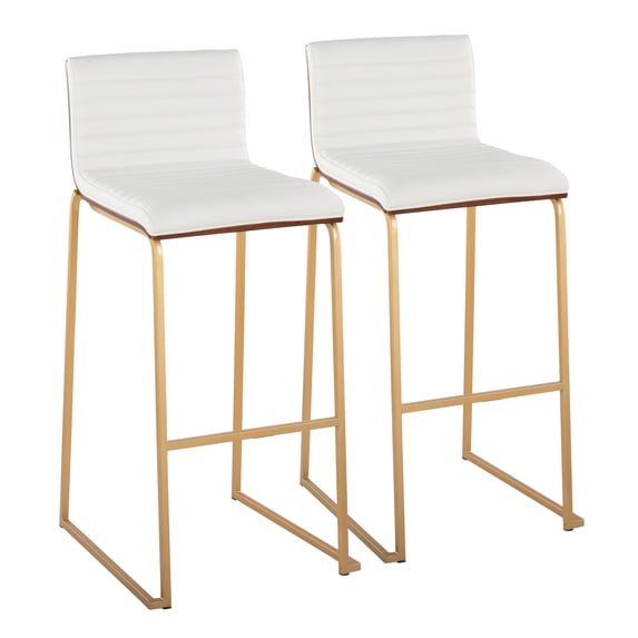 Mason Mara 30" Contemporary Fixed-Height Barstool in Gold Metal, Walnut Wood and White Faux Leather by LumiSource - Set of 2