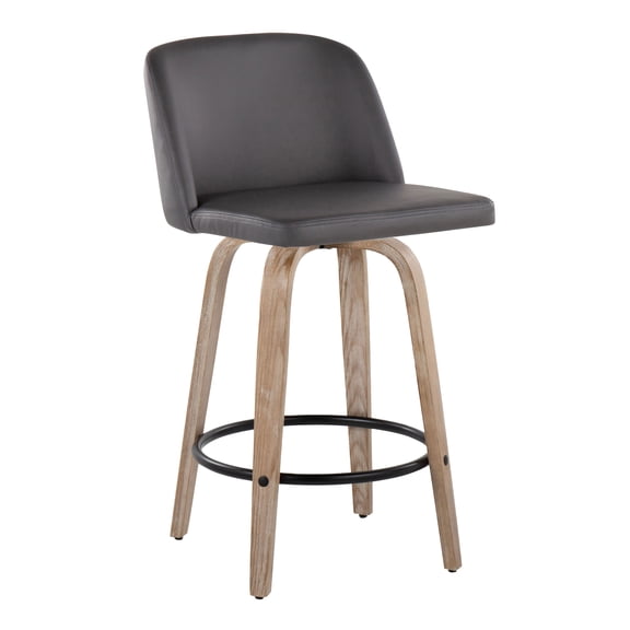 The Gray Barn Vallberga 26" Counter Stool with White Washed Wood Base (Set of 2) Grey Faux Leather/Round Black Footrest Black Finish,Washed Faux