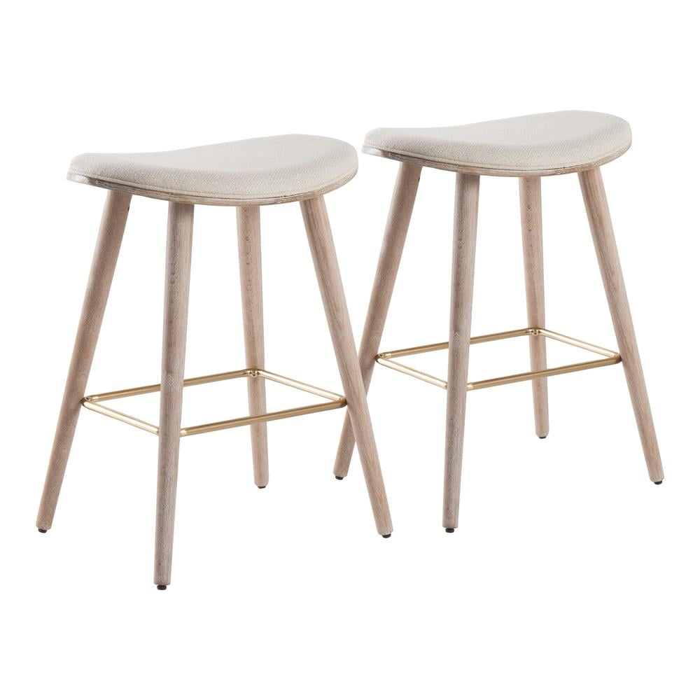 Contemporary White Washed Wood & Cream Saddle Counter Stool, Set of 2