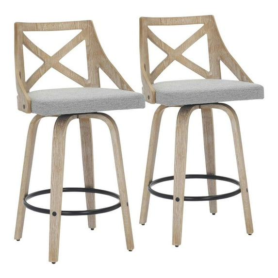 LumiSource White Washed Wood, Light Grey Fabric Charlotte Counter Stool - Set of 2